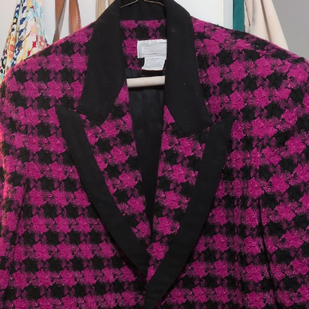 Simon Chang Pink and Black Houndstooth Blazer